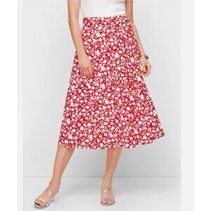 TALBOTS Midi Skirt 6P Red White Floral Print Cotton Lined A-Line‎ Tie Textured